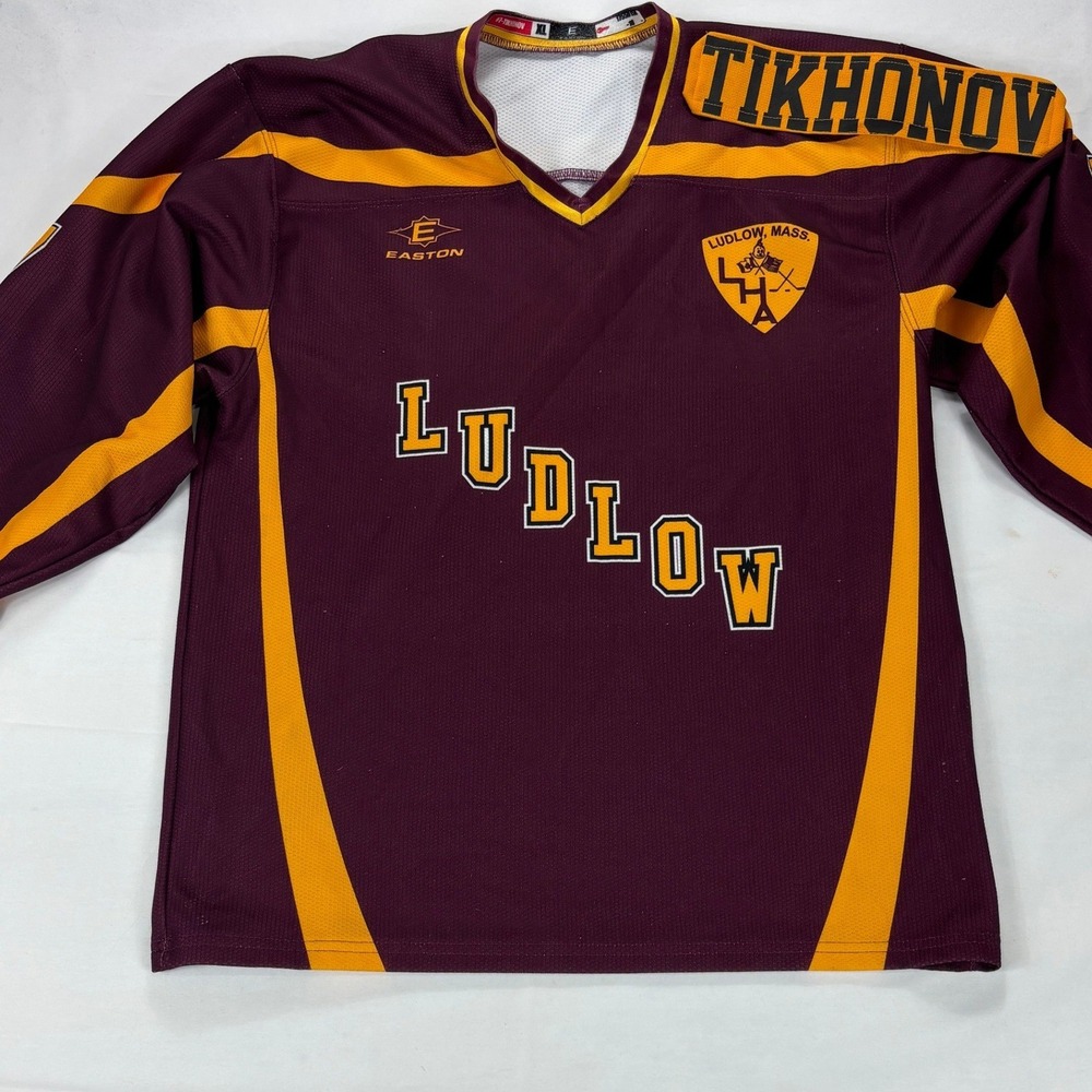 Ludlow Hockey Tikhanov 7 Easton‎ Jersey Maroon Gold Long Sleeve Men's XL